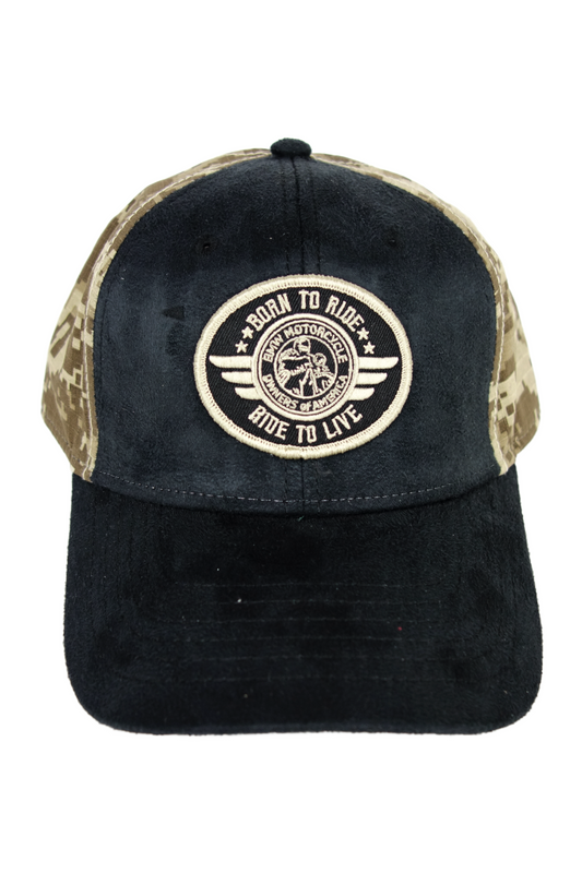 New! Born to Ride - Curved Bill - Black Suede /Solid Camo Adjustable